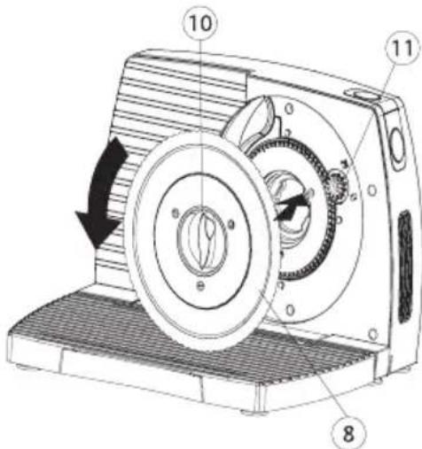 Technical diagram of a mechanical device with numbered components and directional arrow indicating rotation or movement
