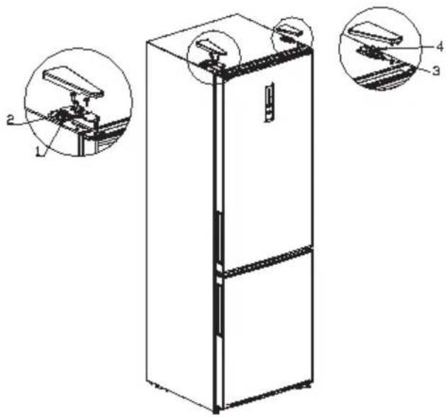 Technical diagram of a refrigerator with labeled parts and three inset views showing internal components.