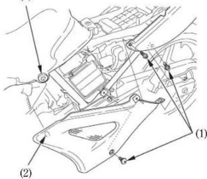 Technical diagram of a car engine compartment with labeled parts and directional arrows indicating motion or movement.