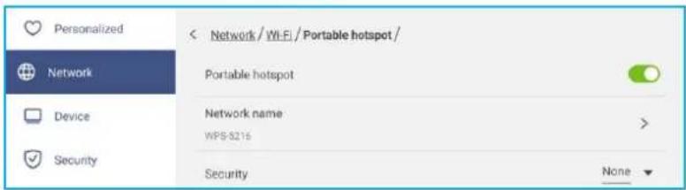 Personalized Network Device Security < Network / Wi-Fi / Portable hotspot / Portable hotspot Network name WPS-S216 Security None