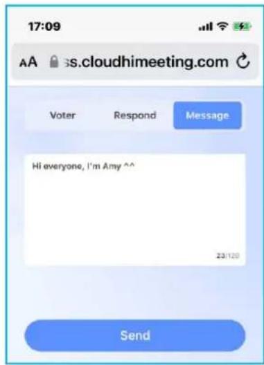 17:09 AA 3s.cloudhimeeting.com Voter Respond Message Hi everyone, I'm Amy 23/120 Send