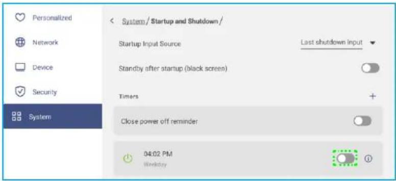 Personalized Network Device Security System < System / Startup and Shutdown / Startup Input Source Last shutdown input Standby after startup (black screen) Timers + Close power off reminder 04:02 PM Workday