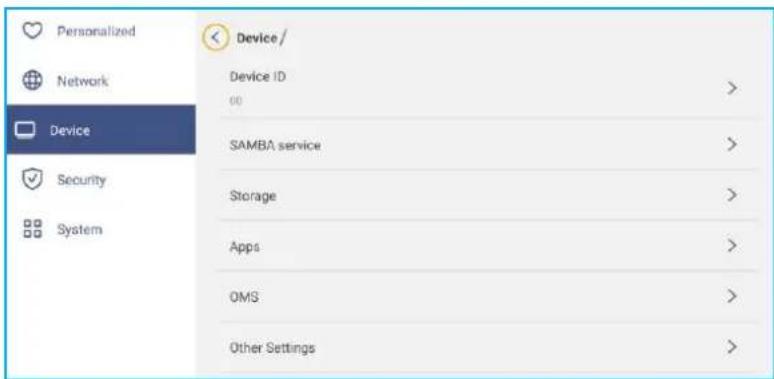 Personalized Network Device Security System Device / Device ID 00 SAMBA service Storage Apps OMS Other Settings