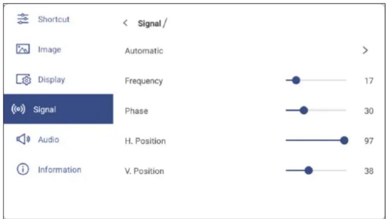 Shortcut Image Display Signal Phase Audio Information < Signal / Automatic Frequency 17 30 H. Position 97 V. Position > 38