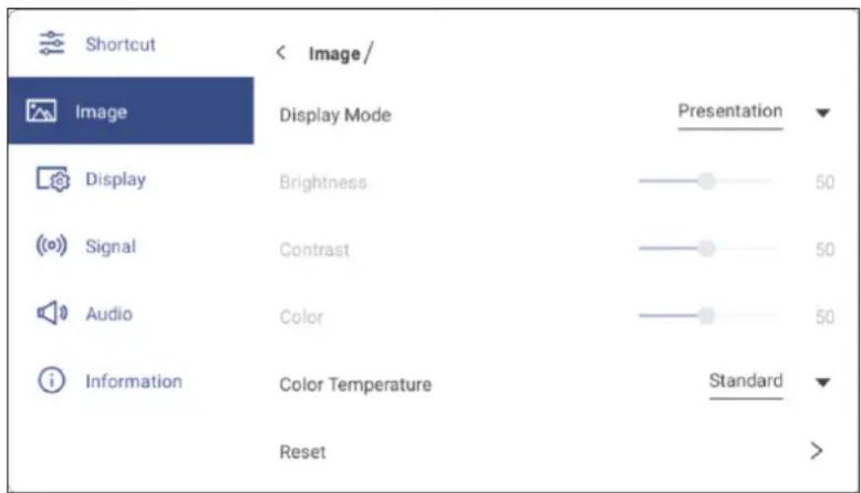 Shortcut Image Display Mode Presentation Display Brightness 50 Signal Contrast 50 Audio Color 50 Information Color Temperature Standard Reset >< Image/