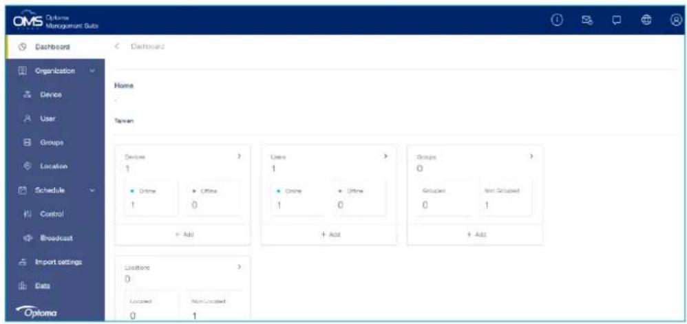 CMS Options Management Sub Dashboard Organization Device User Groups Location Schedule Control Broadcast Import settings Data Opioma Home Taiwan Devices 1 • Online 1 + Add Users 1 • Online 1 + Add Groups 0 Grouped 0 Non Grouped 1 + Add Locations 0 Located 0 Non Located 1