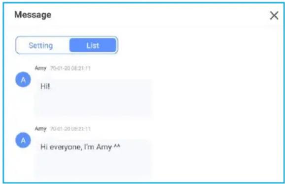 Message Setting List Amy 70-01-20 08:21:11 Hi! Amy 70-01-20 08:23:11 Hi everyone, I'm Amy ^^