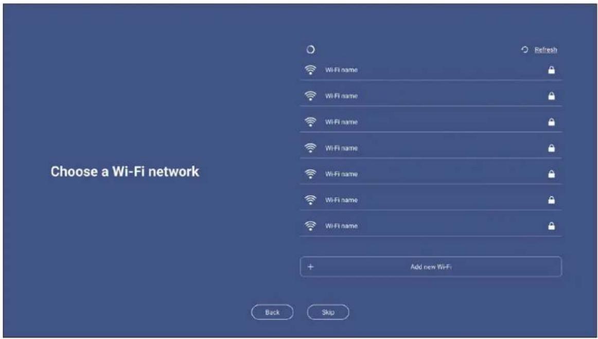 Choose a Wi-Fi network + Add new WiFi Back Skip