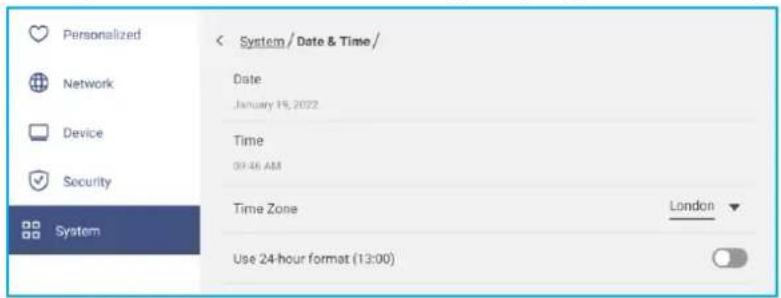Personalized Network Device Security System < System / Date & Time / Date January 15, 2022 Time 09:46 AM Time Zone London Use 24-hour format (13:00)