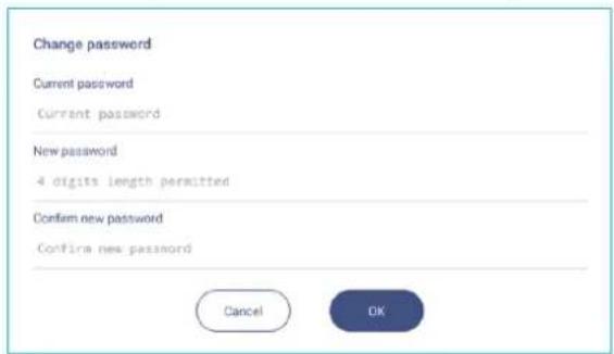 Change password Current password Current password New password 4 digits length permitted Confirm new password Confirm new password Cancel OK