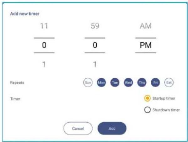 Add new timer 11 59 AM 0 0 PM 1 1 Repeats Sun Mon Tue Wed Thru Fri Sat Timer Startup timer C Shutdown timer Cancel Add