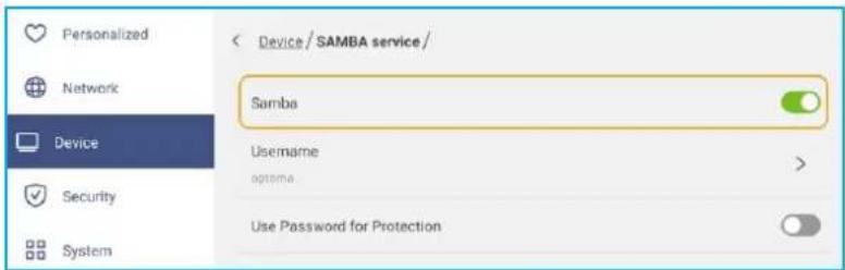 Personalized Network Device Security System < Device / SAMBA service / Samba Username > Use Password for Protection