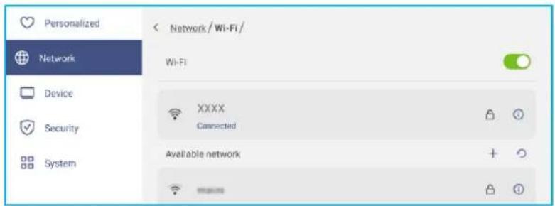 Personalized Network Device Security System < Network / Wi-Fi / Wi-Fi XXXX Connected Available network + ○ ○○○