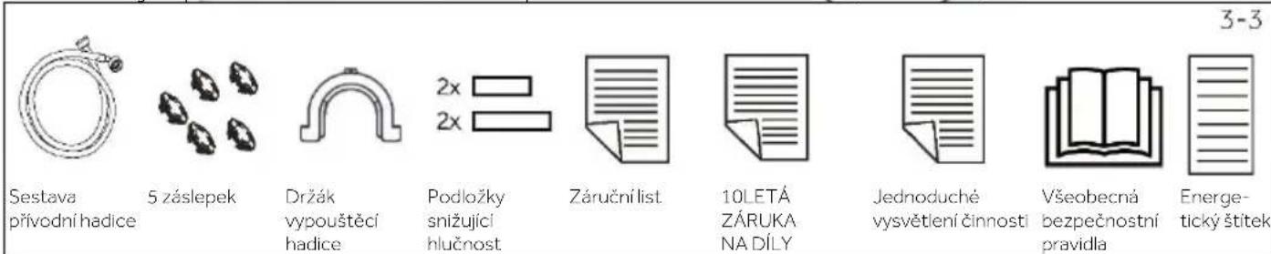Sestava přívodní hadice 5 záslepek Držák vypouštěcí hadice Podložky snižující hlučnost Záruční list 10LETÁ ZÁRUKA NA DÍLY Jednoduché vysvětlení činnosti Všeobecná bezpečnostní pravidla Energe- tický štítek