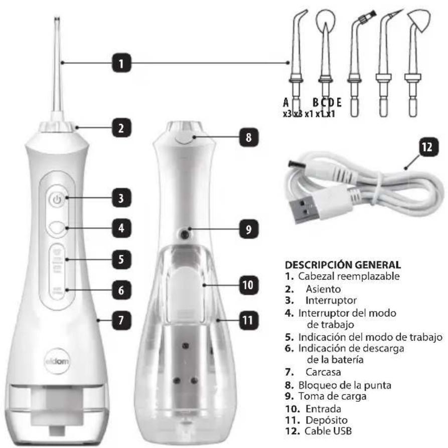 1 2 3 4 5 6 7 8 9 10 11 12 DESCRIPCIÓN GENERAL 1. Cabezal reemplazable 2. Asiento 3. Interruptor 4. Interruptor del modo de trabajo 5. Indicación del modo de trabajo 6. Indicación de descarga de la batería 7. Carcasa 8. Bloqueo de la punta 9. Toma de carga 10. Entrada 11. Depósito 12. Cable USB