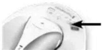 Close-up of a medical device with a black arrow pointing to a component (no visible text or symbols)