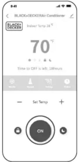 BLACK+DECKERAir Conditioner BLACK+ DECKER Indoor Temp 38 °C 70 °F Time to OFF is left: 18hours Set Temp CN
