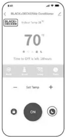 9:41 BLACK+DECKERAir Conditioner BLACK+ DECKER Indoor Temp 38 °C 70 °F Time to OFF is left: 18 hours Set Temp ON