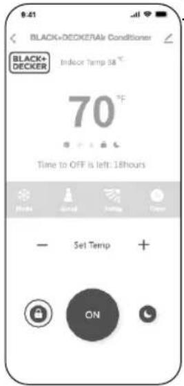 BLACK+DECKERAir Conditioner BLACK+ DECKER Indoor Temp 58 °C 70 °F Time to OFF is left. 18hours Set Temp ON