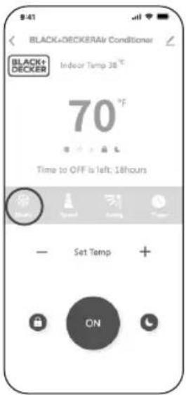 BLACK+DECKERAir Conditioner BLACK+ DECKER Indoor Temp 38 °C 70 °F Time to OFF is left; 18 hours ON Set Temp + ON