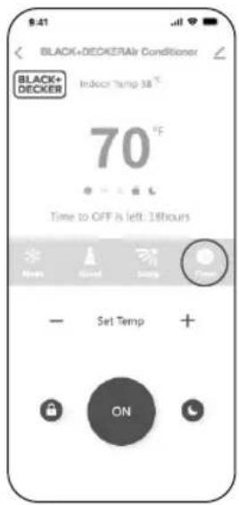 BLACK+DECKERAir Conditioner BLACK+ DECKER Indoor Temp 38 °C 70 °F Time to OFF & left: 18hours OK Cancel Sweep Time Set Temp + ON