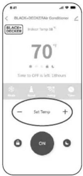 BLACK+DECKERAir Conditioner BLACK+ DECKER Indicor Temp 38 °C 70 °F Time to OFF is left: 18hours Set Temp + ON