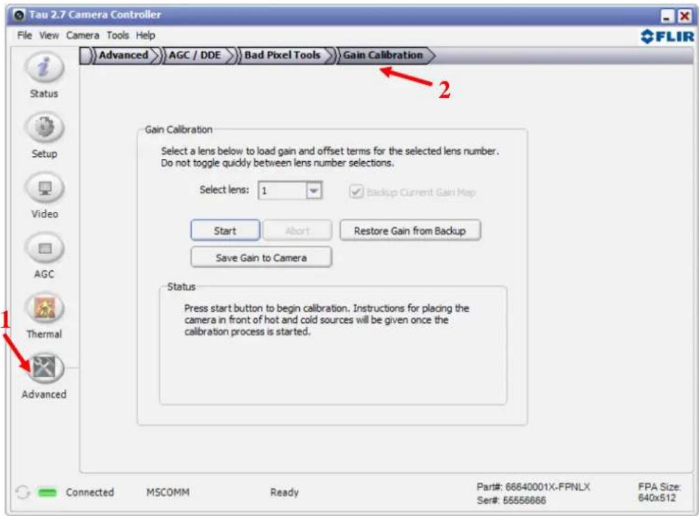 Tau 2.7 Camera Controller File View Camera Tools Help Advanced AGC / DDE Bad Pixel Tools Gain Calibration Status Setup Video AGC Thermal Advanced Gain Calibration Select a lens below to load gain and offset terms for the selected lens number. Do not toggle quickly between lens number selections. Select lens: 1 Backup Current Gain Map Start Abort Restore Gain from Backup Save Gain to Camera Status Press start button to begin calibration. Instructions for placing the camera in front of hot and cold sources will be given once the calibration process is started. Connected MSCOMM Ready Part#: 66640001X-FPNLX FPA Size: Ser#: 55556666 640x512