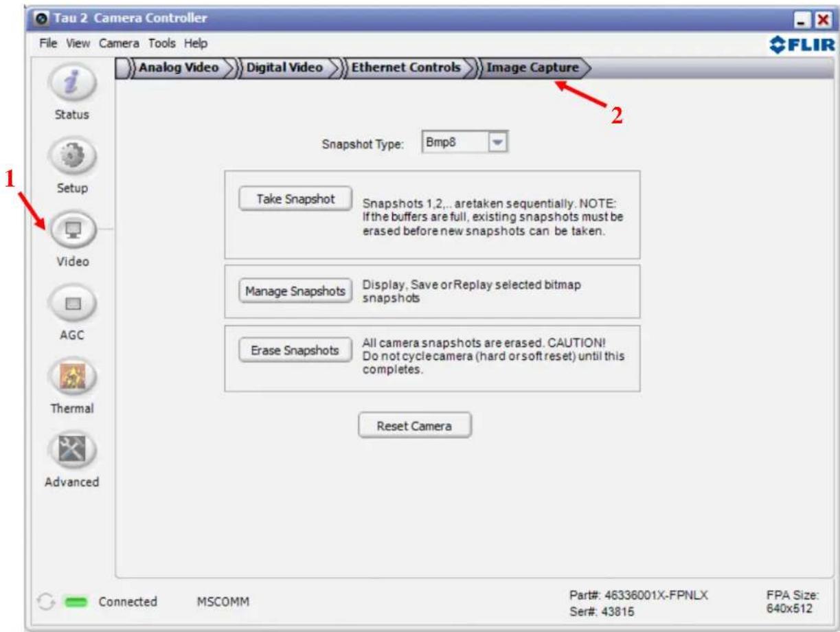 Tau 2 Camera Controller File View Camera Tools Help Analog Video Digital Video Ethernet Controls Image Capture Status Setup Video AGC Thermal Advanced Snapshot Type: Bmp8 Take Snapshot Snapshots 1,2... aretaken sequentially. NOTE: If the buffers are full, existing snapshots must be erased before new snapshots can be taken. Manage Snapshots Display, Save or Replay selected bitmap snapshots Erase Snapshots All camera snapshots are erased. CAUTION! Do not cycle camera (hard or soft reset) until this completes. Reset Camera Connected MSCOMM Part#: 46336001X-FPNLX FPA Size: Ser#: 43815 640x512