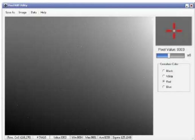 Pixel Mill Utility Save As | Image | Data | Help Pixel Value: 9303 x6 Crossover Color Black White Red Blue iRow, Cell (G18,170) #7440 Value 9303 Mix 8094 Max 9691 Ave 8359 Sigma 125.1949