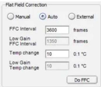 Flat Field Correction Manual Auto External FFC Interval 3600 frames Low Gain 1350 frames FFC Interval Temp change 10 0.1 °C Low Gain 10 0.1 °C Temp change Do FFC