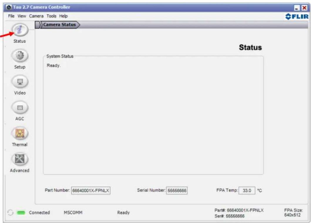 Tau 2.7 Camera Controller File View Camera Tools Help FLIR Camera Status Status System Status Ready. Status Part Number: 66640001X-FPNLX Serial Number: 55556666 FPA Temp: 33.0 °C Connected MSCOMM Ready Part#: 66640001X-FPNLX FPA Size: Ser#: 55556666 640x512