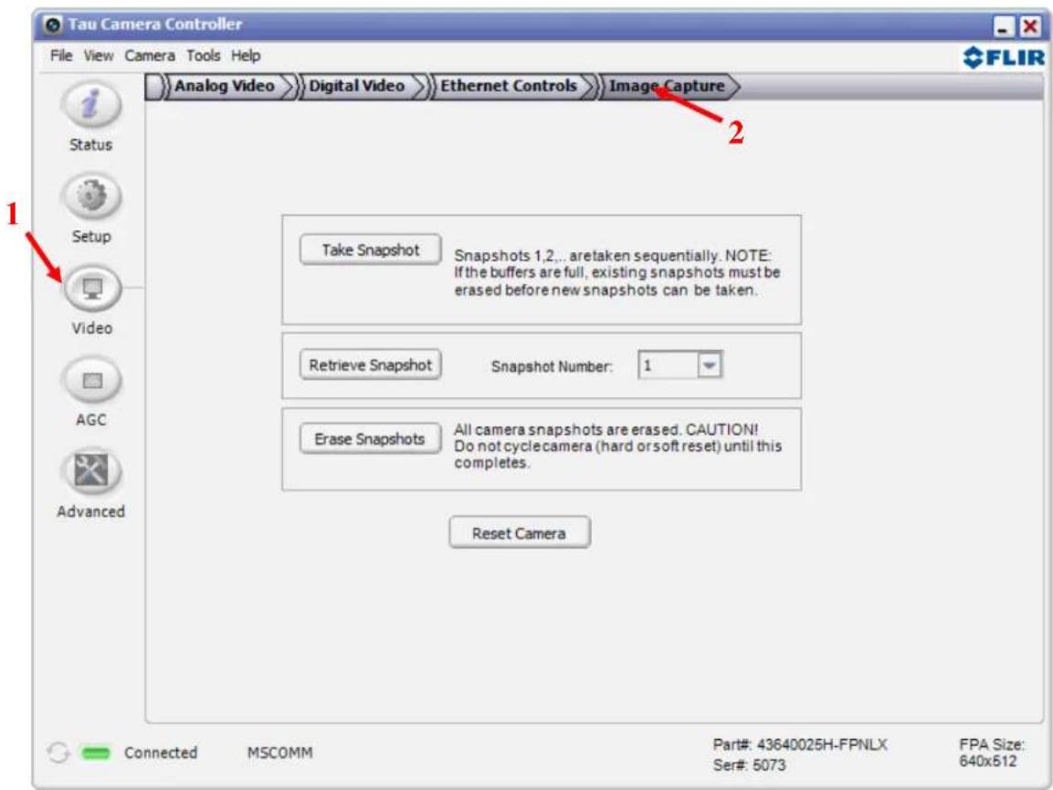 Tau Camera Controller File View Camera Tools Help Analog Video Digital Video Ethernet Controls Image Capture FLIR Status Setup Video AGC Advanced Take Snapshot Snapshots 1,2... aretaken sequentially. NOTE: If the buffers are full, existing snapshots must be erased before new snapshots can be taken. Retrieve Snapshot Snapshot Number: 1 Erase Snapshots All camera snapshots are erased. CAUTION! Do not cyclecamera (hard or soft reset) until this completes. Reset Camera Connected MSCOMM Part#: 43640025H-FPNLX FPA Size: Ser#: 5073 640x512
