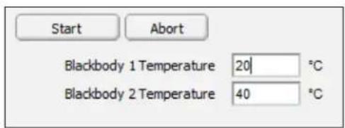 Start Abort Blackbody 1 Temperature 20 °C Blackbody 2 Temperature 40 °C