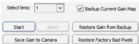 Select lens: 1 Backup Current Gain Map Start Abort Restore Gain from Backup Save Gain to Camera Restore Factory Bad Pixels
