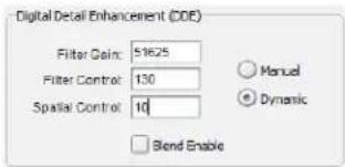 Digital Detail Enhancement (CODE) Filter Gain: 51625 Filter Control: 130 Spatial Control: 10 Bond Enable Manual Dynamic
