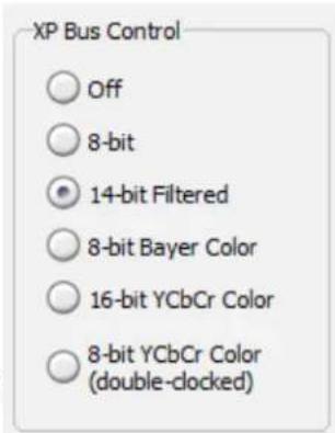 XP Bus Control Off 8-bit 14-bit Filtered 8-bit Bayer Color 16-bit YCbCr Color 8-bit YCbCr Color (double-clocked)