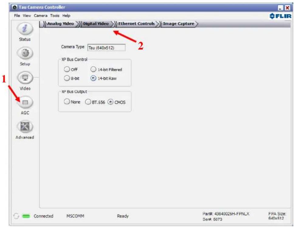 Tau Camera Controller File View Camera Tools Help Analog Video Digital Video Ethernet Controls Image Capture Camera Type: Tau (640x512) XP Bus Control Off 14-bit Filtered 8-bit 14-bit Raw XP Bus Output None BT.556 CMOS Connected MSCOMM Ready Part#: 43640025H-FPNLX FPA Size: Ser#: 5073 640x512