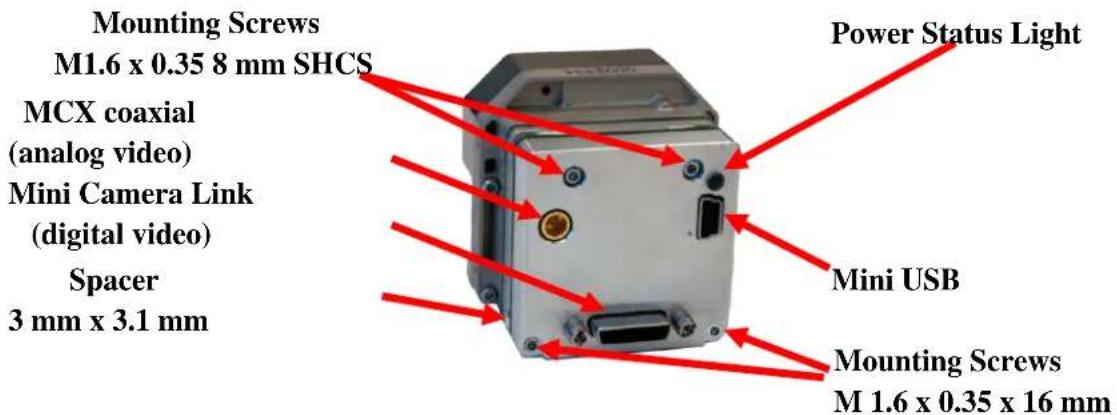 Mounting Screws M1.6 x 0.35 8 mm SHCS MCX coaxial (analog video) Mini Camera Link (digital video) Spacer 3 mm x 3.1 mm Power Status Light Mini USB Mounting Screws M 1.6 x 0.35 x 16 mm