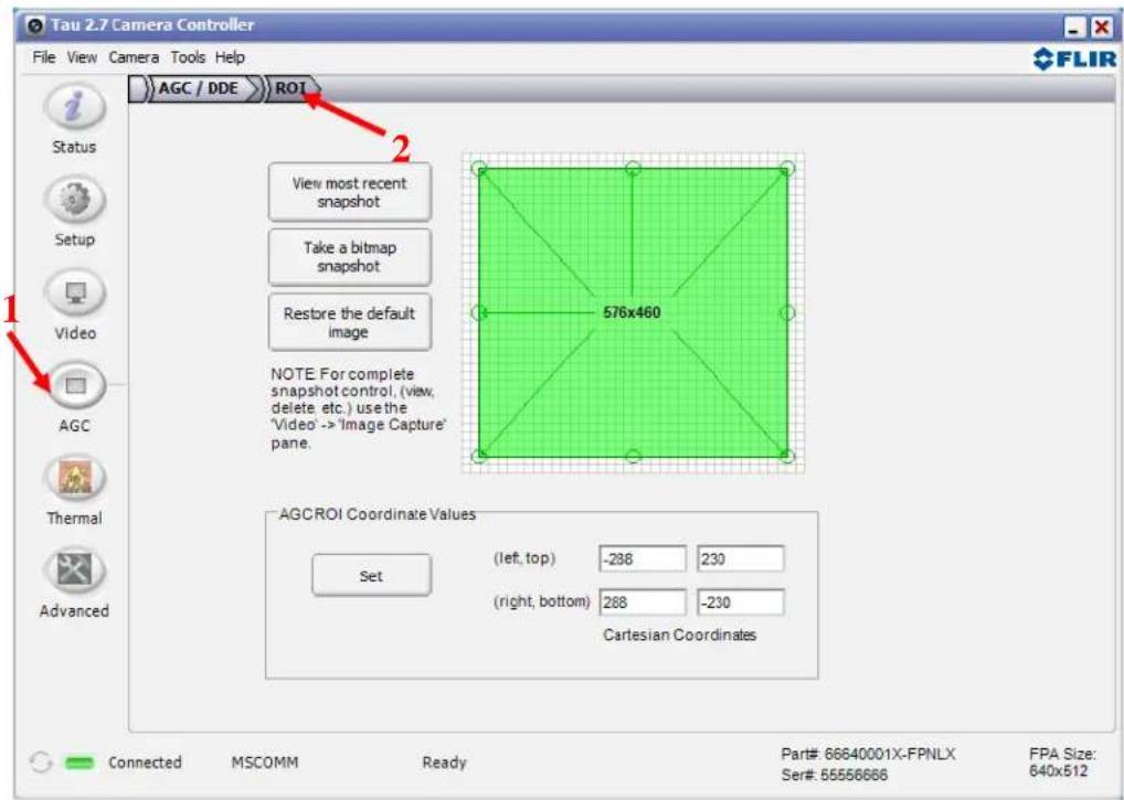 Tau 2.7 Camera Controller File View Camera Tools Help AGC / DDE ROI Status Setup Video AGC Thermal Advanced View most recent snapshot Take a bitmap snapshot Restore the default image NOTE: For complete snapshot control, (view, delete, etc.) use the 'Video' -> 'Image Capture' pane. 576x460 AGCROI Coordinate Values Set (left, top) -288 230 (right, bottom) 288 -230 Cartesian Coordinates Connected MSCOMM Ready Part#: 66640001X-FPNLX FPA Size: Ser#: 55558666 640x512