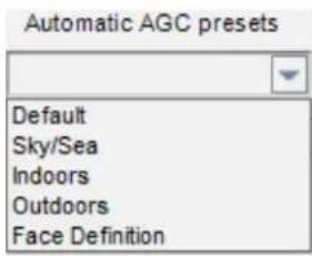 Automatic AGC presets Default Sky/Sea Indoors Outdoors Face Definition