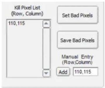 Kill Pixel List (Row, Column) 110,115 Set Bad Pixels Save Bad Pixels Manual Entry (Row,Column) Add 110,115