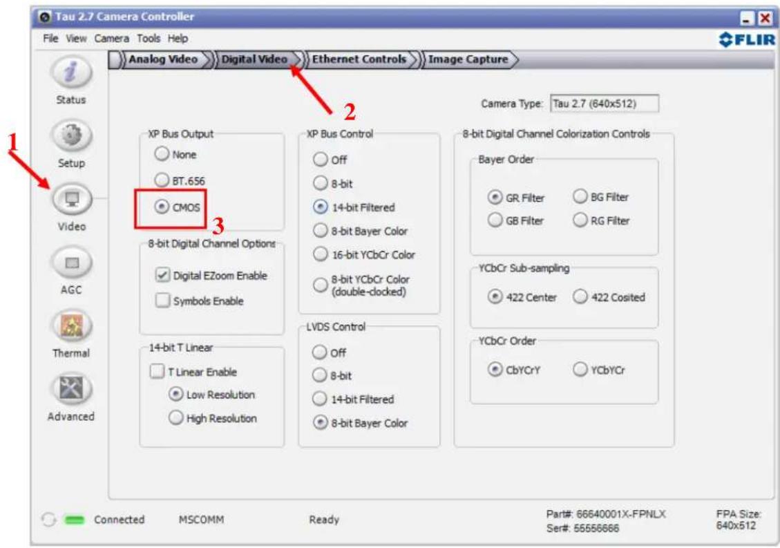 Tau 2.7 Camera Controller File View Camera Tools Help Analog Video Digital Video Ethernet Controls Image Capture Status Setup Video AGC Thermal Advanced 1 2 Camera Type: Tau 2.7 (640x512) XP Bus Output None BT.656 CMOS 8-bit Digital Channel Options Digital EZoom Enable Symbols Enable 14-bit T Linear T Linear Enable Low Resolution High Resolution XP Bus Control Off 8-bit 14-bit Filtered 8-bit Bayer Color 16-bit YCbCr Color 8-bit YCbCr Color (double-clocked) LVDS Control Off 8-bit 14-bit Filtered 8-bit Bayer Color 8-bit Digital Channel Colorization Controls Bayer Order GR Filter BG Filter GB Filter RG Filter YCbCr Sub-sampling 422 Center 422 Cosited YCbCr Order CbYCrY YCbYCr Connected MSCOMM Ready Part#: 66640001X-FPNLX FPA Size: Ser#: 55556666 640x512