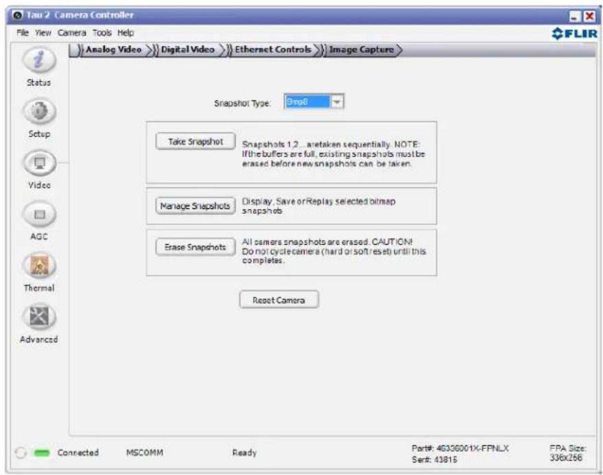 Tau 2 Camera Controller File View Camera Tools Help Analog Video Digital Video Ethernet Controls Image Capture Status Setup Video AGC Thermal Advanced Snapshot Type: 9mp8 Take Snapshot Snapshots 1.2... are taken sequentially. NOTE: If the buffers are full, existing snapshots must be erased before new snapshots can be taken. Manage Snapshots Display: Save or Replay selected bitmap snapshots Erase Snapshots All cameras snapshots are erased. CAUTION! Do not cycle camera (hard or soft reset) until this completes. Reset Camera Connected MSCOMM Ready Part#: 46336001X-FPNLX FPA Size: Ser#: 43815 336x266
