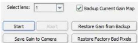 Select lens: 1 Backup Current Gain Map Start Abort Restore Gain from Backup Save Gain to Camera Restore Factory Bad Pixels