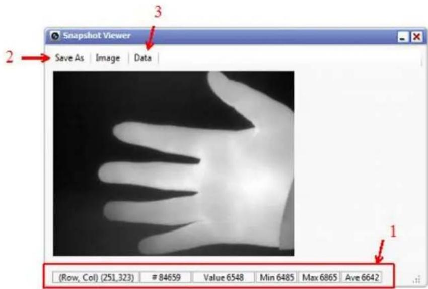 Snapshot Viewer 2 Save As Image Data (Row, Col) (251,323) # 84659 Value 6548 Min 6485 Max 6865 Ave 6642