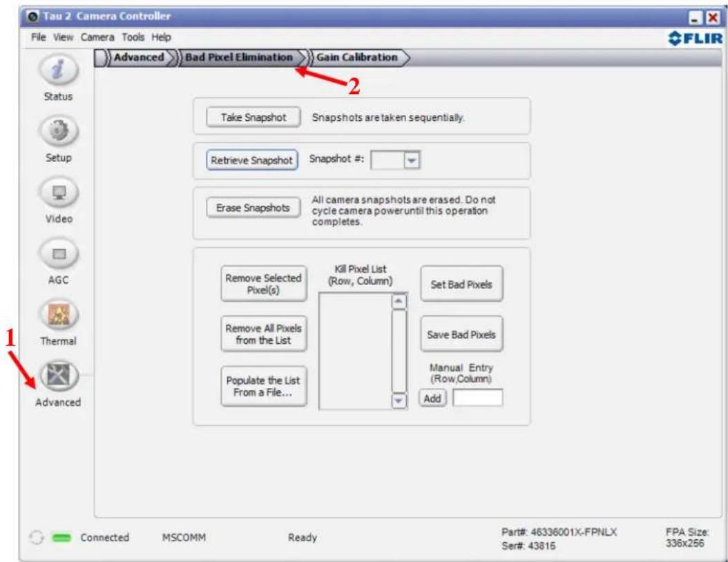 Tau 2 Camera Controller File View Camera Tools Help Advanced>Bad Pixel Elimination>Gain Calibration Status Setup Video AGC Thermal Advanced Take Snapshot Snapshots are taken sequentially. Retrieve Snapshot Snapshot #: Erase Snapshots All camera snapshots are erased. Do not cycle camera power until this operation completes. Remove Selected Pixel(s) Kill Pixel List (Row, Column) Set Bad Pixels Remove All Pixels from the List Save Bad Pixels Populate the List From a File... Manual Entry (Row,Column) Add Connected MSCOMM Ready Part#: 46336001X-FPNLX FPA Size: 336x256 Ser#: 43816