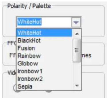 Polarity / Palette WhiteHot WhiteHot BlackHot Fusion Rainbow Globow Ironbow1 Ironbow2 Sepia