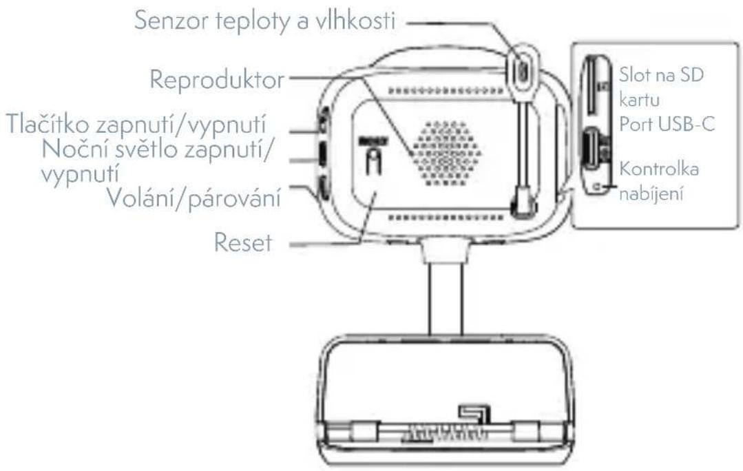 Senzor teploty a vlhkosti Reproduktor Tlačitko zapnutí/vypnutí Noční světlo zapnutí/ vypnutí Volání/párování Reset Slot na SD kartu Port USB-C Kontrolka nabíjení