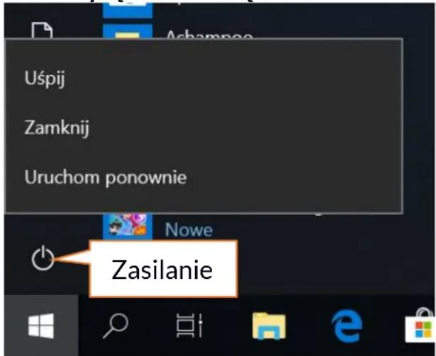 Uspij Zamknij Uruchom ponownie Nowe Zasilanie