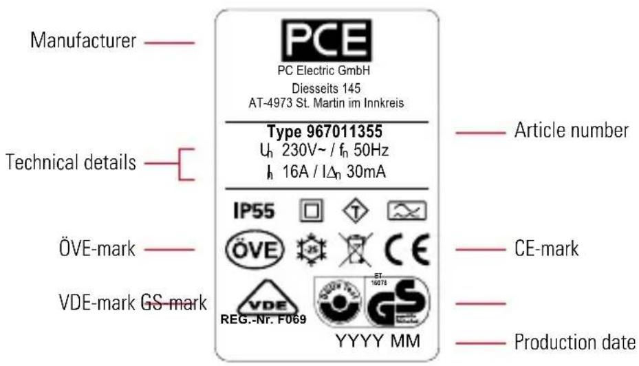 Manufacturer Technical details ÖVE-mark VDE-mark GS-mark PCE PC Electric GmbH Diesseits 145 AT-4973 St. Martin im Innkreis Type 967011355 Uh 230V~ / fn 50Hz h 16A / IΔn 30mA IP55 ÖVE VDE REG.-Nr. F069 YYYY MM Article number CE-mark Production date